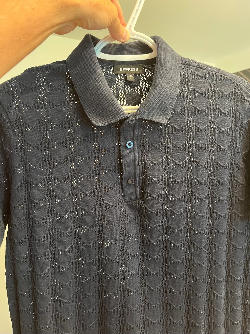 Express Men’s Navy Open-Knit Short Sleeve Polo